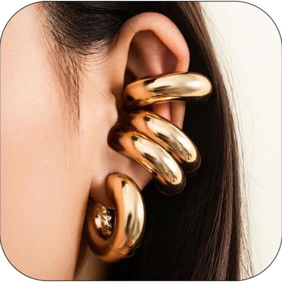 Set of 4 Chunky Gold Silver Non-Piercing Ear Cuffs for Women Stylish Clip-On Wra - Picture 1 of 7
